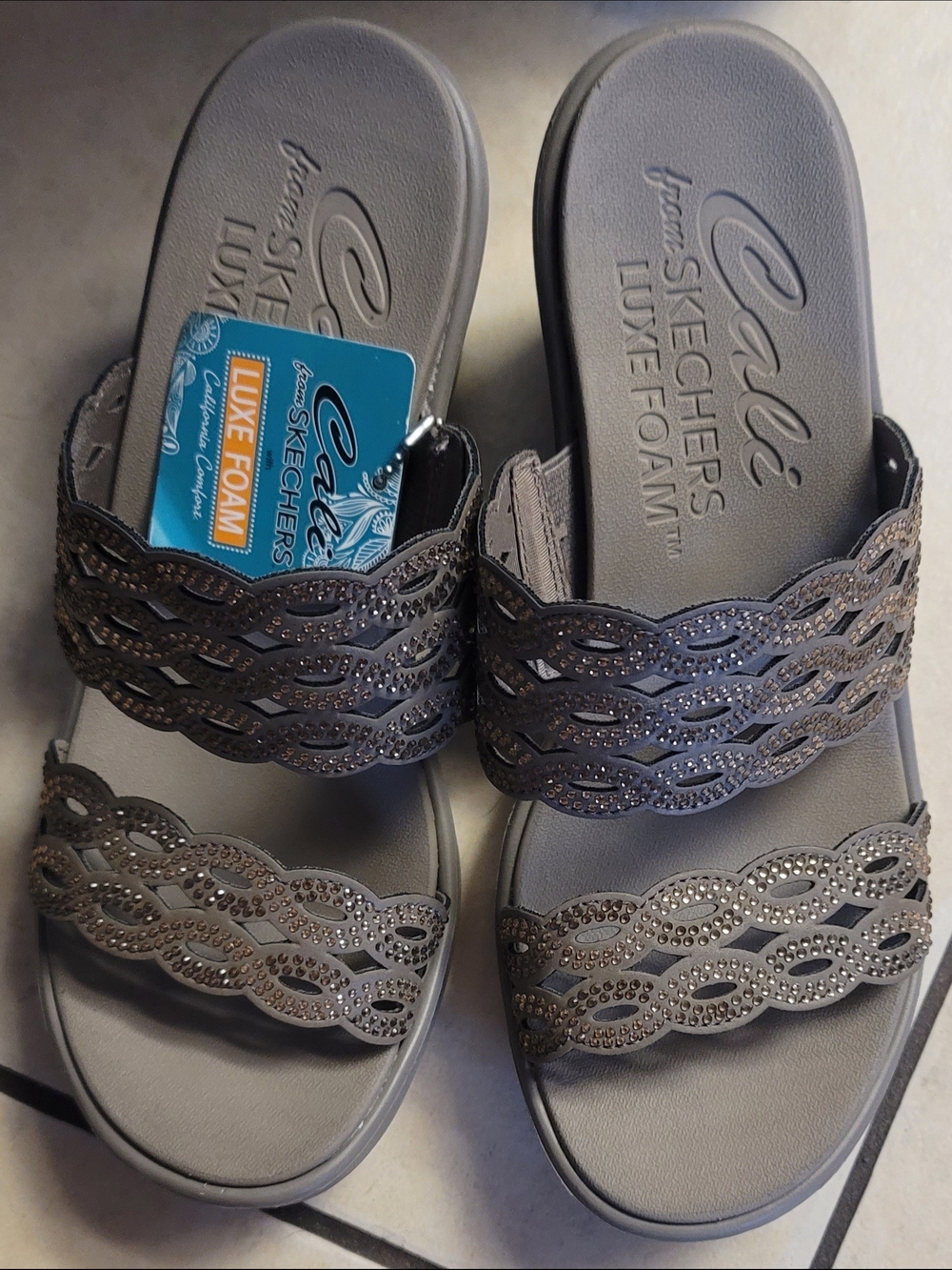 Skechers Cali Luxe Foam Taupe Wedge Slide Sandals